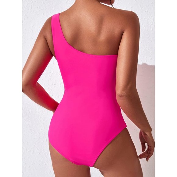 Women's Hot Pink One Shoulder One Piece Modest Full Coverage Keyhole Swimwear - Picture 4 of 6